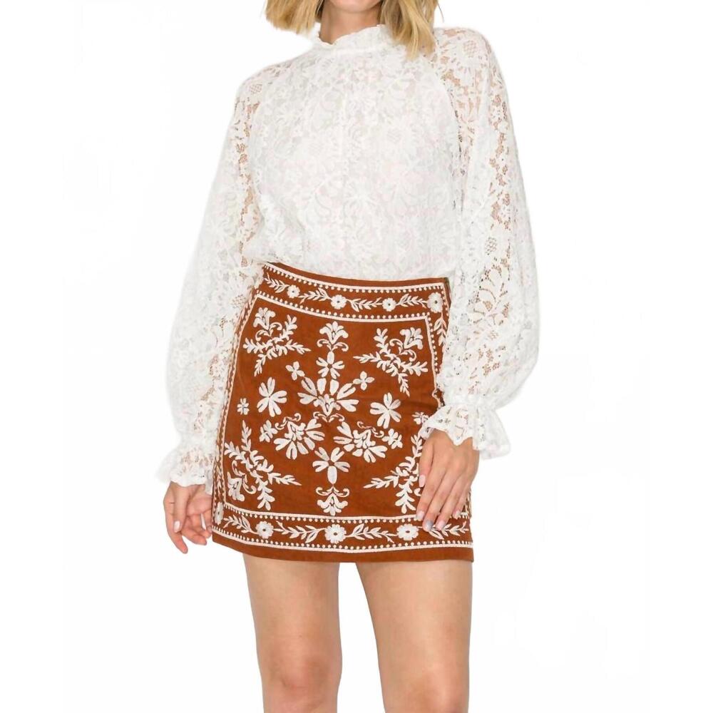 NEW LOVE WEDNESDAY montana embroidery mini skirt in chesnut